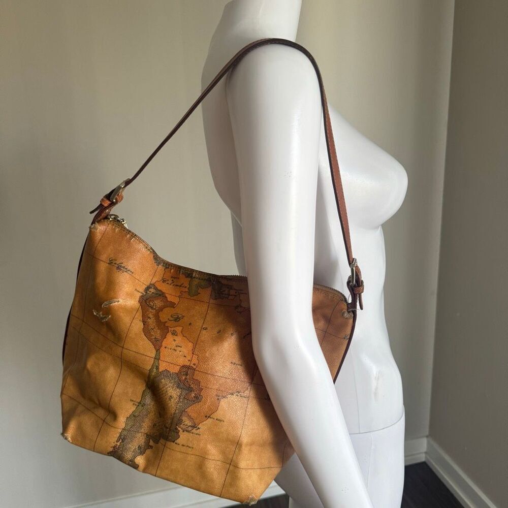 VTG Alviero Martini 1a Classe Geo Map Print Shoulder Bag Tan Brown
